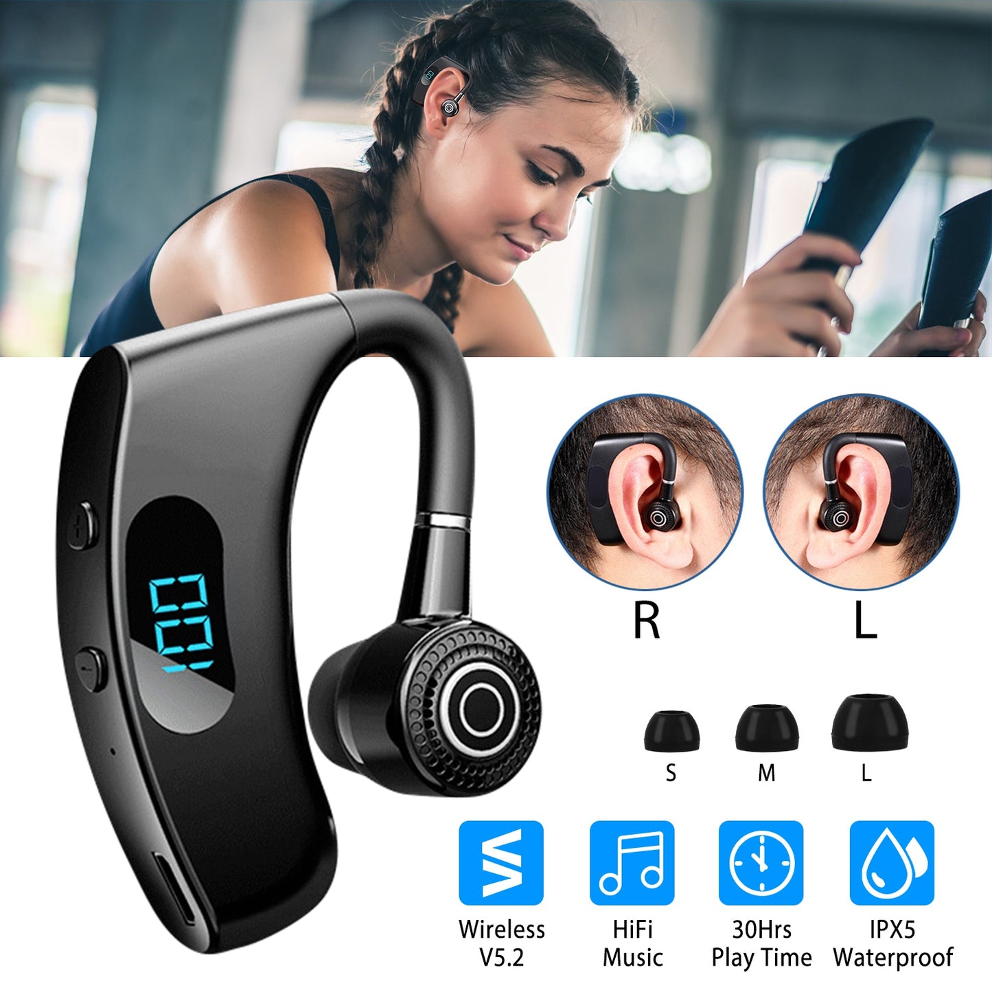 Unilateral Wireless V5.2 Earpiece Rechargeable Wireless in-Ear Headset with Hook for Car Driving Phone Call Office