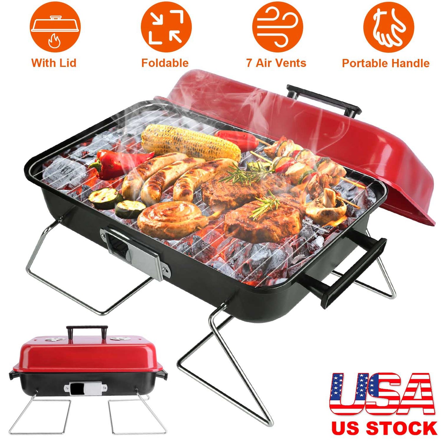 Portable Charcoal Grill OutdoorÊTabletop Grill Small Barbecue Smoker Folding BBQ Grill with Lid for Backyard Camping Picnics Beach