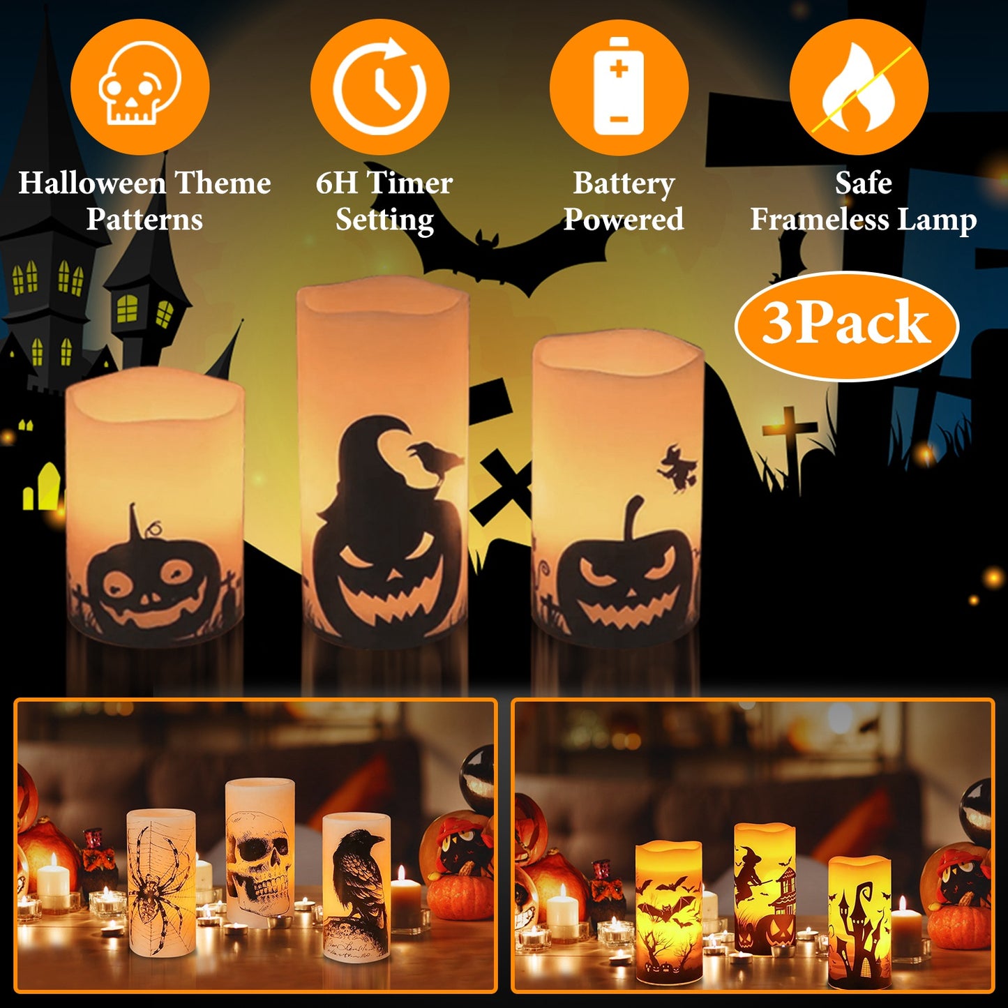 3 Pack Halloween Flameless Candle Lamp with Timer Setting Battery Powered Warm Orange Light Candles for Halloween Party Decoration Pumpkin Crow Bat