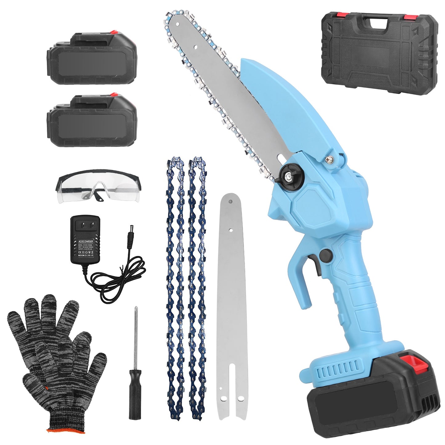 Electric Mini Chainsaw Portable Handheld Cordless Small Chain Saw Battery Powered with 2Pcs 1200mAh Rechargeable Batteries 8in Chains Gloves Goggles f
