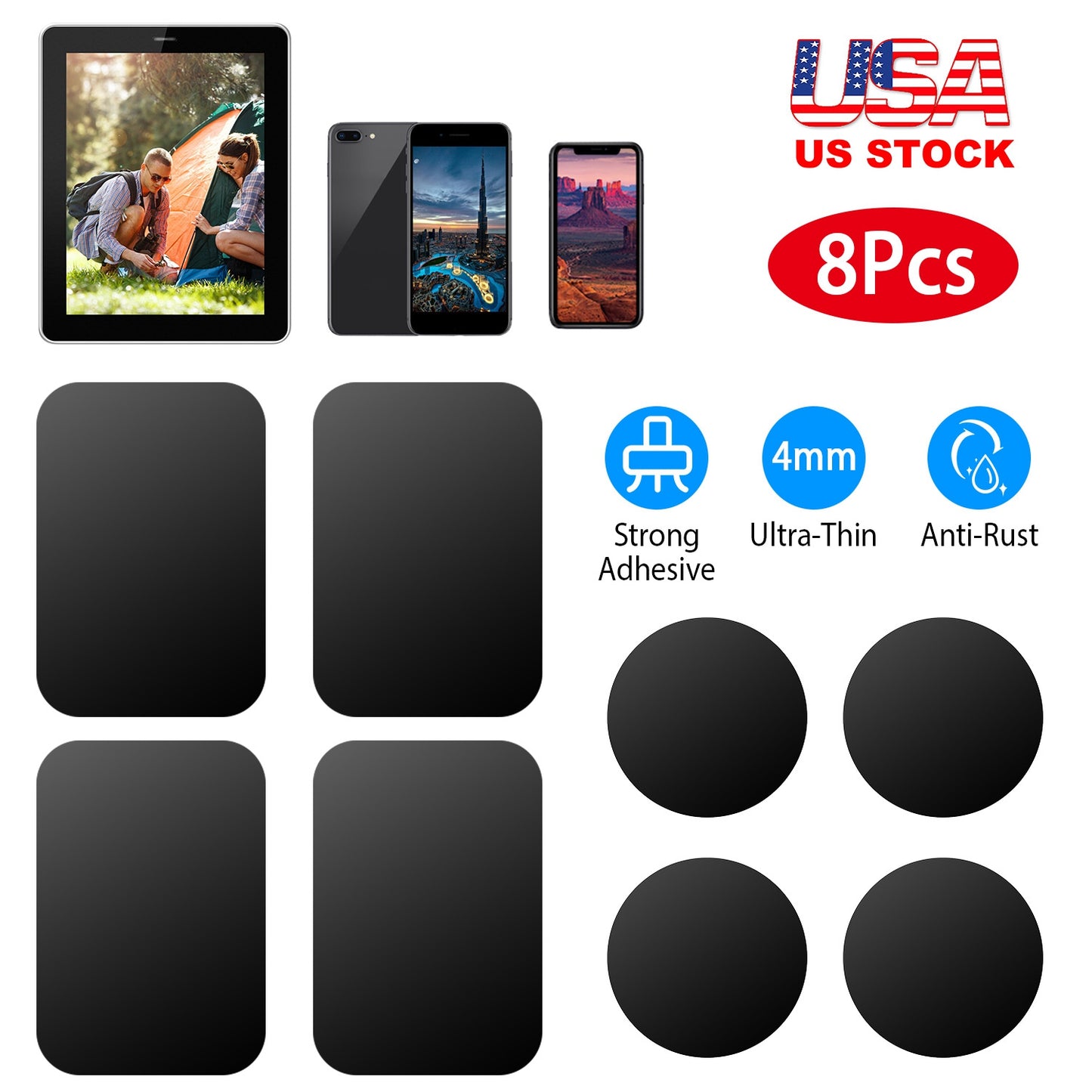 8Pcs UniversalÊMetal Plates with Strong Adhesive 4Pcs Round and 4Pcs Rectangle Metal Plates for Magnetic Car Mount Phone Holder
