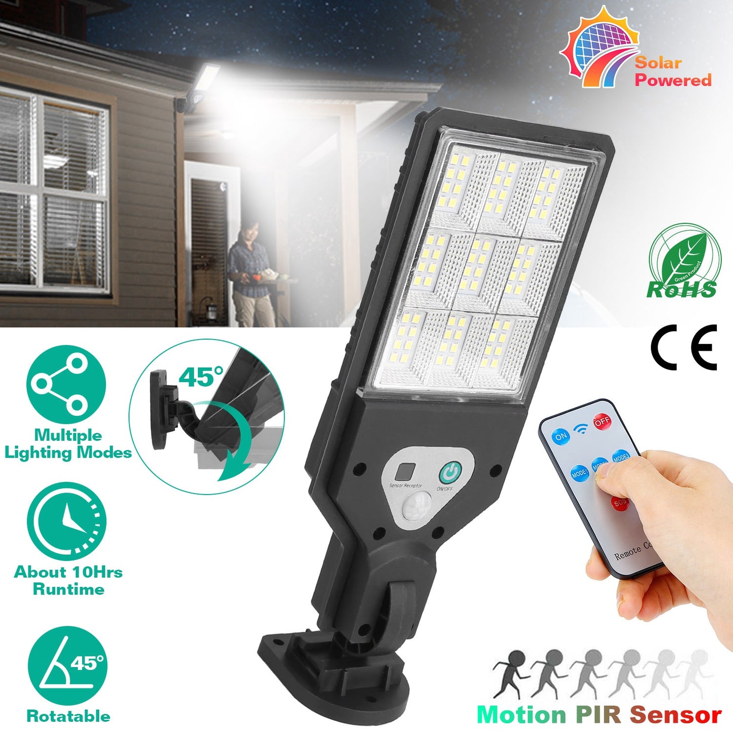 Solar Wall Light Outdoor 72 LED Beads PIR Motion Sensor Remote Control Wireless Lamps IP45 Waterproof Lighting for Garage Front Door Garden Pathway