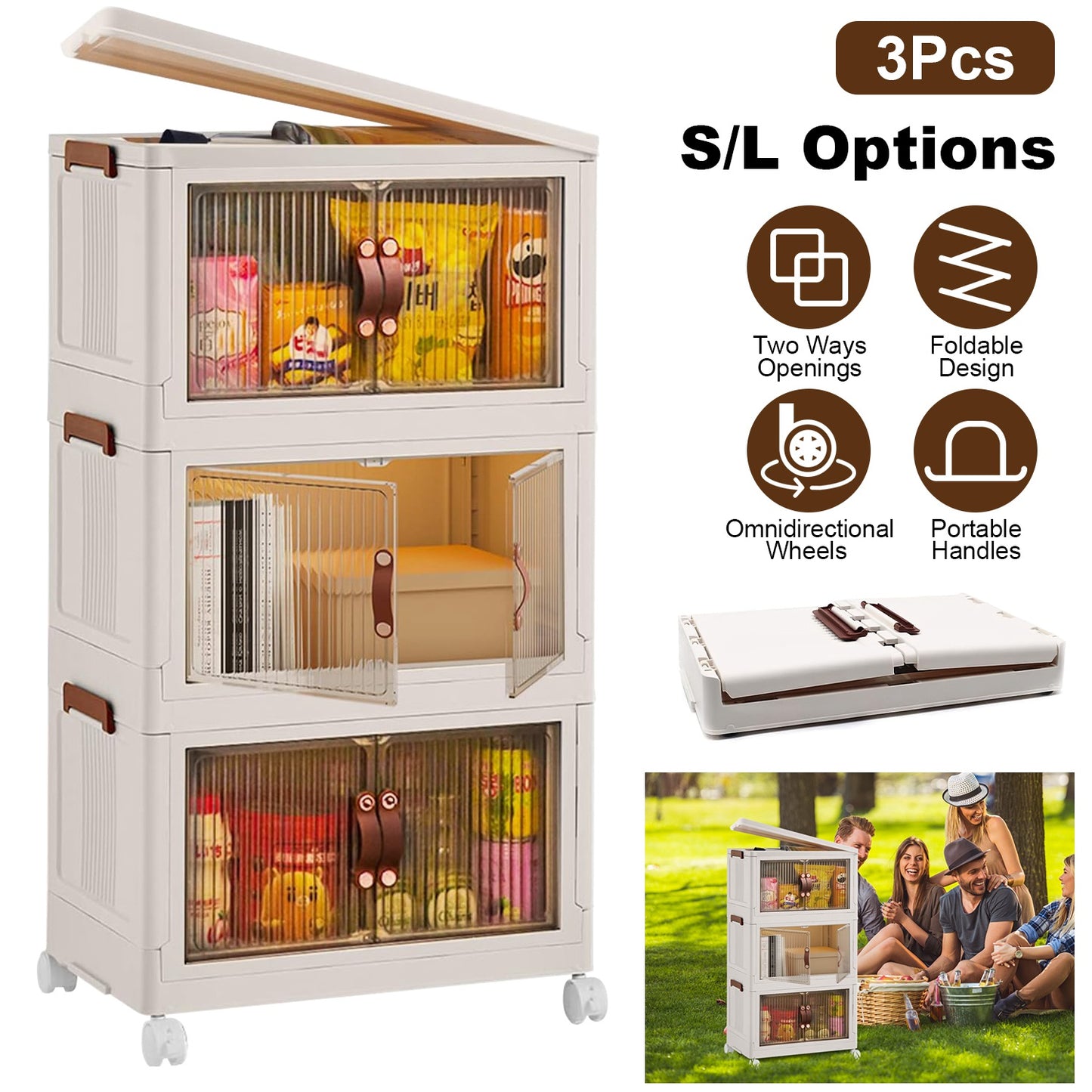 3Pcs Foldable Storage Bins with Lid Front Magnetic Door Collapsible Stackable Closet Organizer Containers with 4Pcs 360¡ Rotatable Wheels 8Pcs Small W