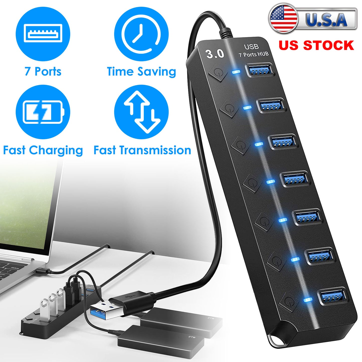 USB3.0 Hub Splitter 7Ports High Speed 5Gbps USB Data Expander with Separate ON OFF Switch for PC Computer