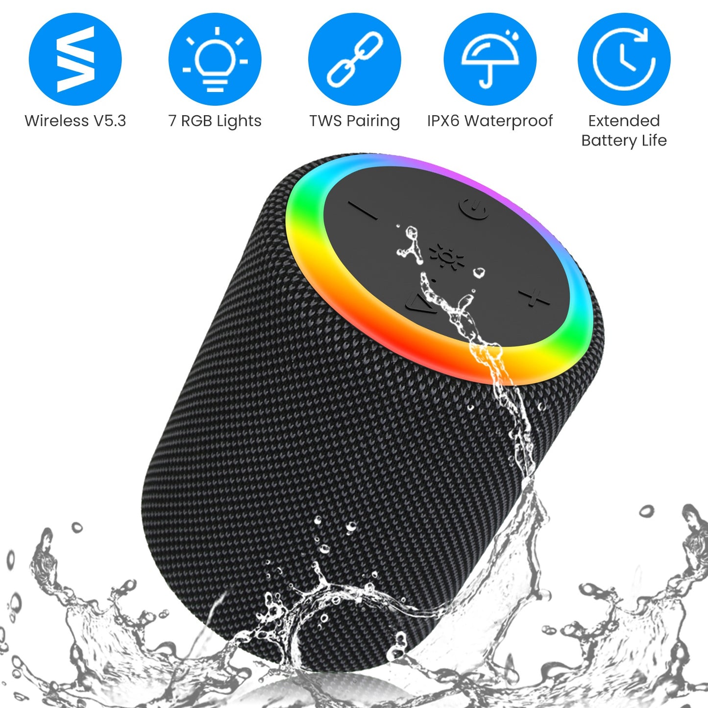 Portable Wireless Speaker Outdoor Party Speaker Mini Waterproof Speaker with 7 RGB Lights Support Calling TWS AUX In MMC Card Input