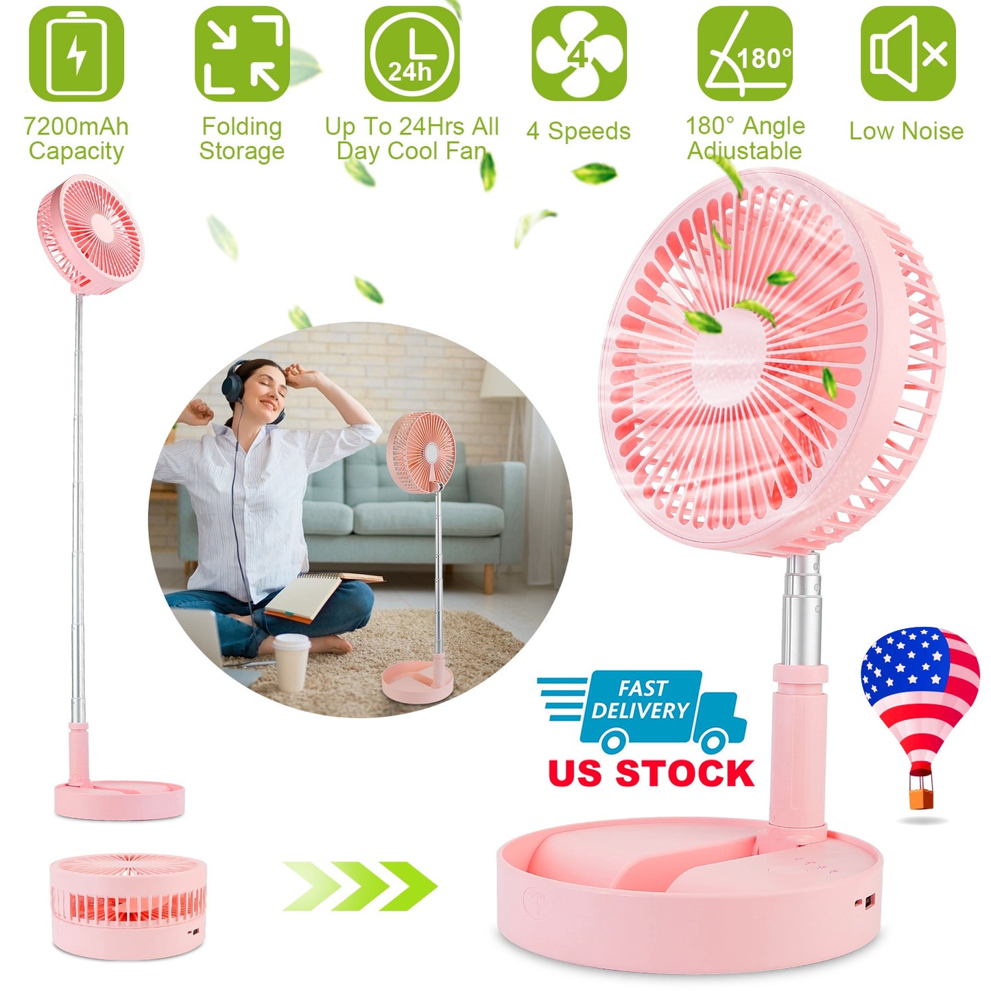 Portable Folding Desk Table Fan Quiet USB Rechargeable Telescopic Standing Floor Fan w/ 4 Speeds Adjustable Height 180¡ Tilting Angle For Office Home