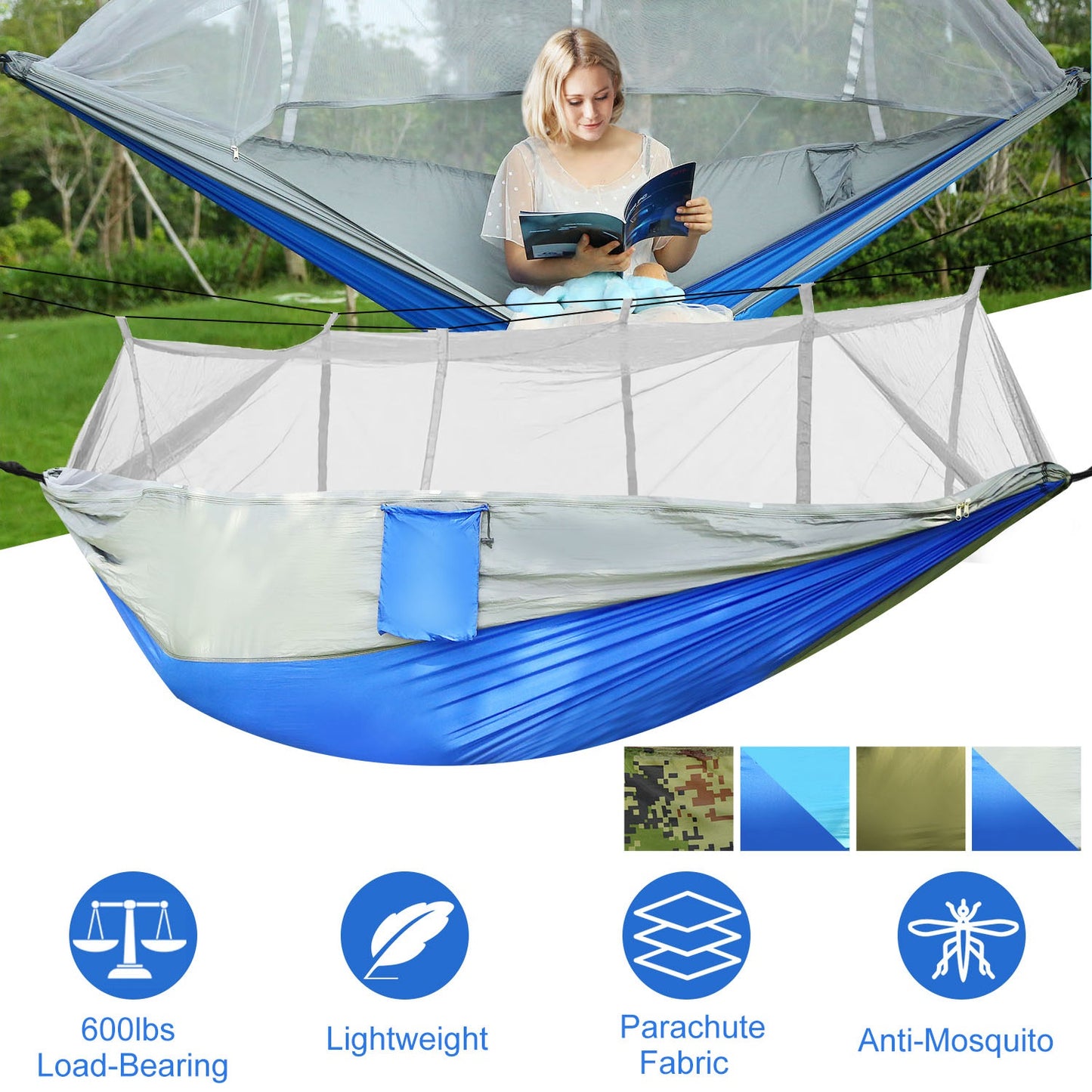 600lbs Load 2 Persons Hammock w/Mosquito Net Outdoor Hiking Camping Hommock Portable Nylon Swing Hanging Bed w/ Strap Hook Carry Bag