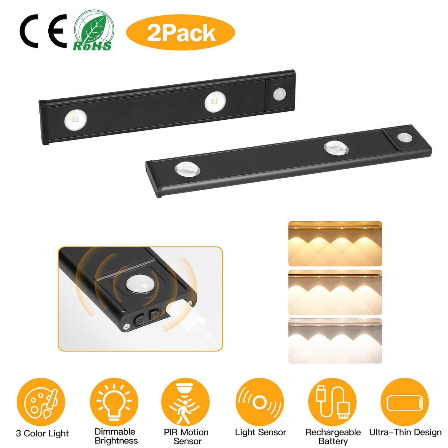 2Pack Rechargeable Cabinet Light Motion Sensor Light Cordless LED Closet Lamp 3 Colors Dimmable Light for Kitchen Cabinet
