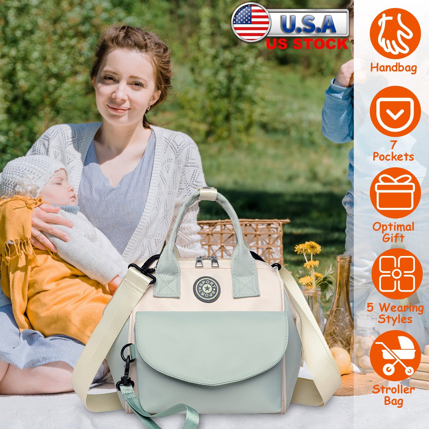 Baby Nappy Diaper Bag with 6 Pockets Burp Cloth Adjustable Shoulder Strap Detachable Small Bag Multifunctional Diaper Changing Bag with 2 Insulated Po