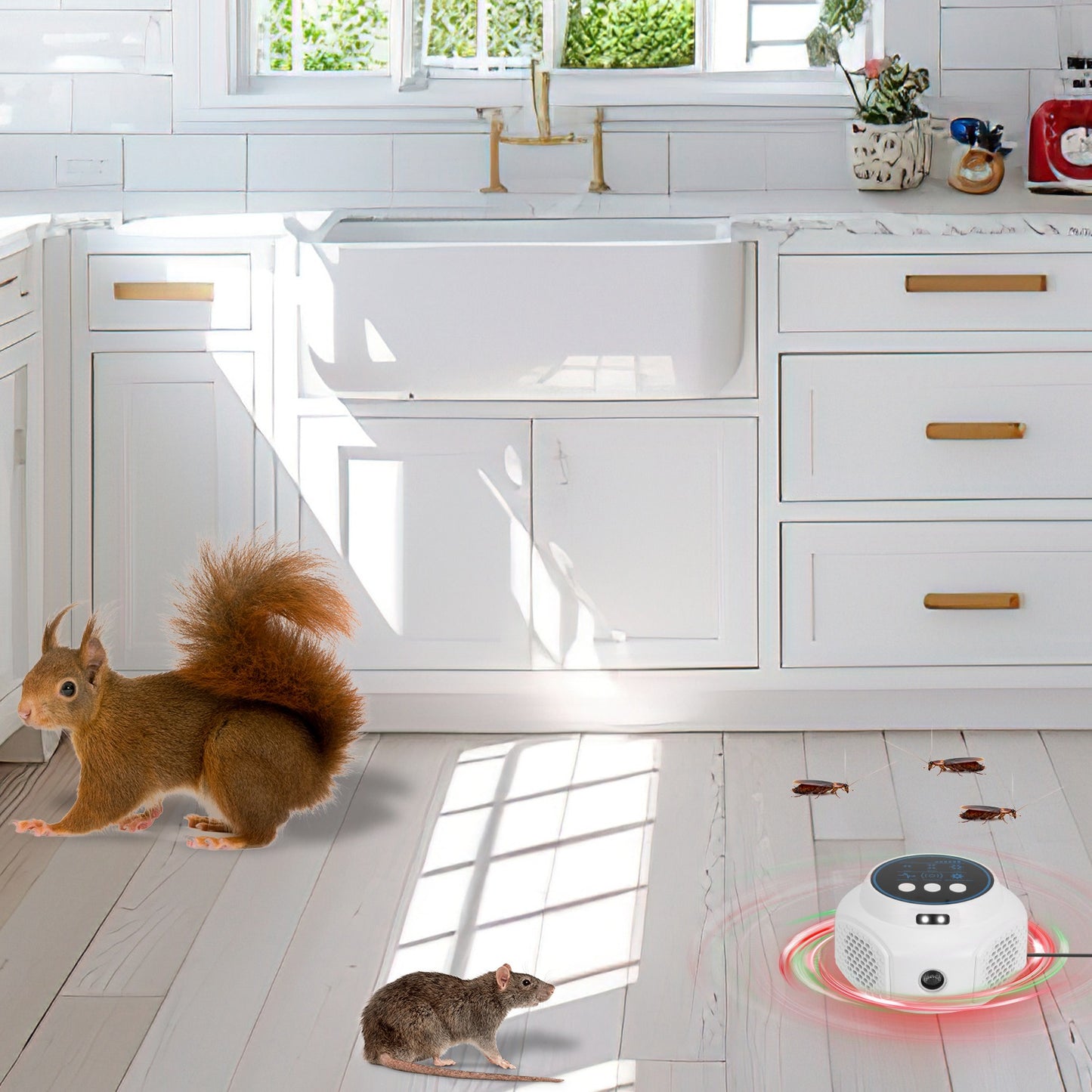 360¡ Ultrasonic Mice Repellent Indoor Rodent Repeller Rat Squirrel Rodent Chaser with 3 Modes 2 Strobe Lights for Kitchen Warehouse