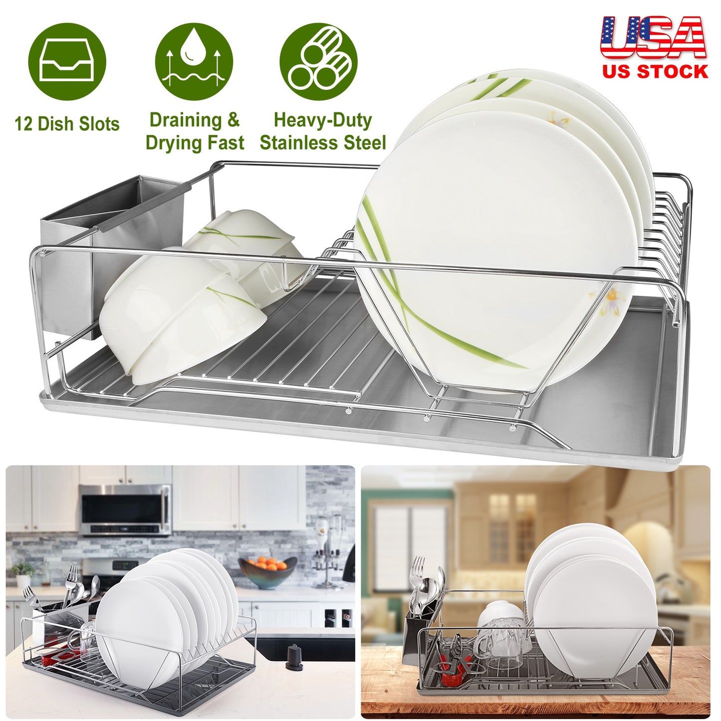 Dish Drying Rack Stainless Steel Dish Rack w/ Drainboard Cutlery Holder Kitchen Dish Organizer