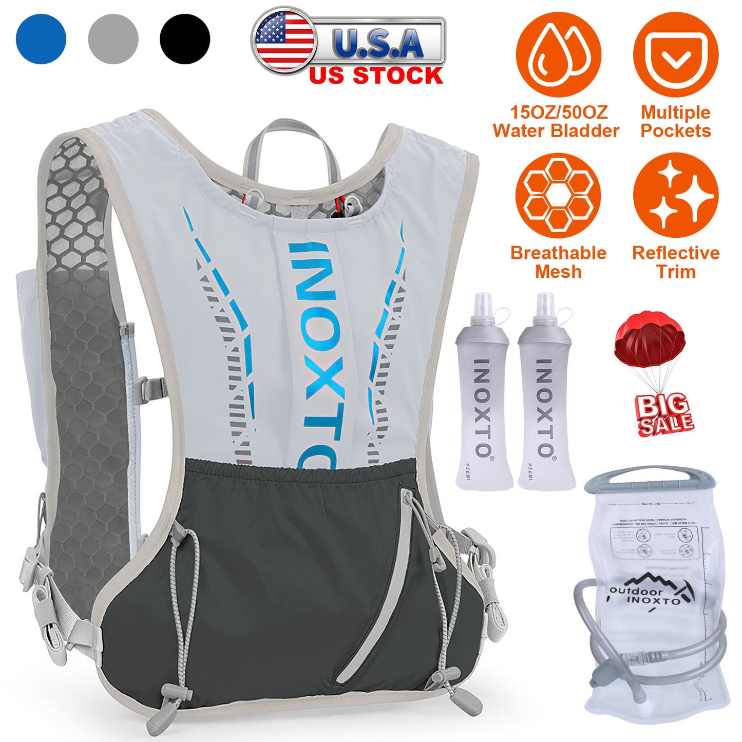 Sport Hydration Vest Running Backpack with 15oz 50oz Water Bladder Adjustable Strap Storage Bag for Trail Running Marathon Race Hiking