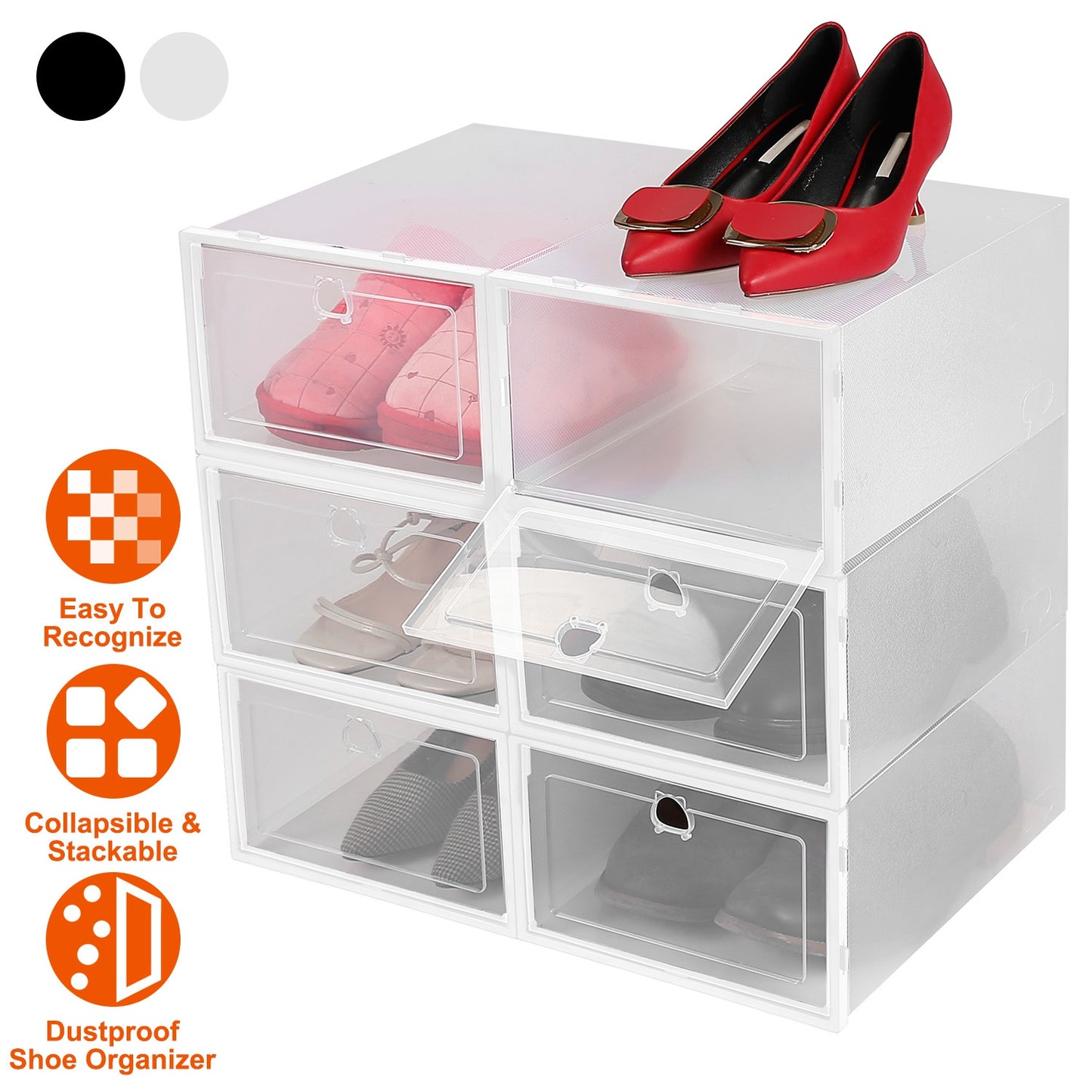 6Pcs Collapsible Shoe Box Stackable Shoe Storage Bin Transparent Dustproof PP Shoe Organizer Container