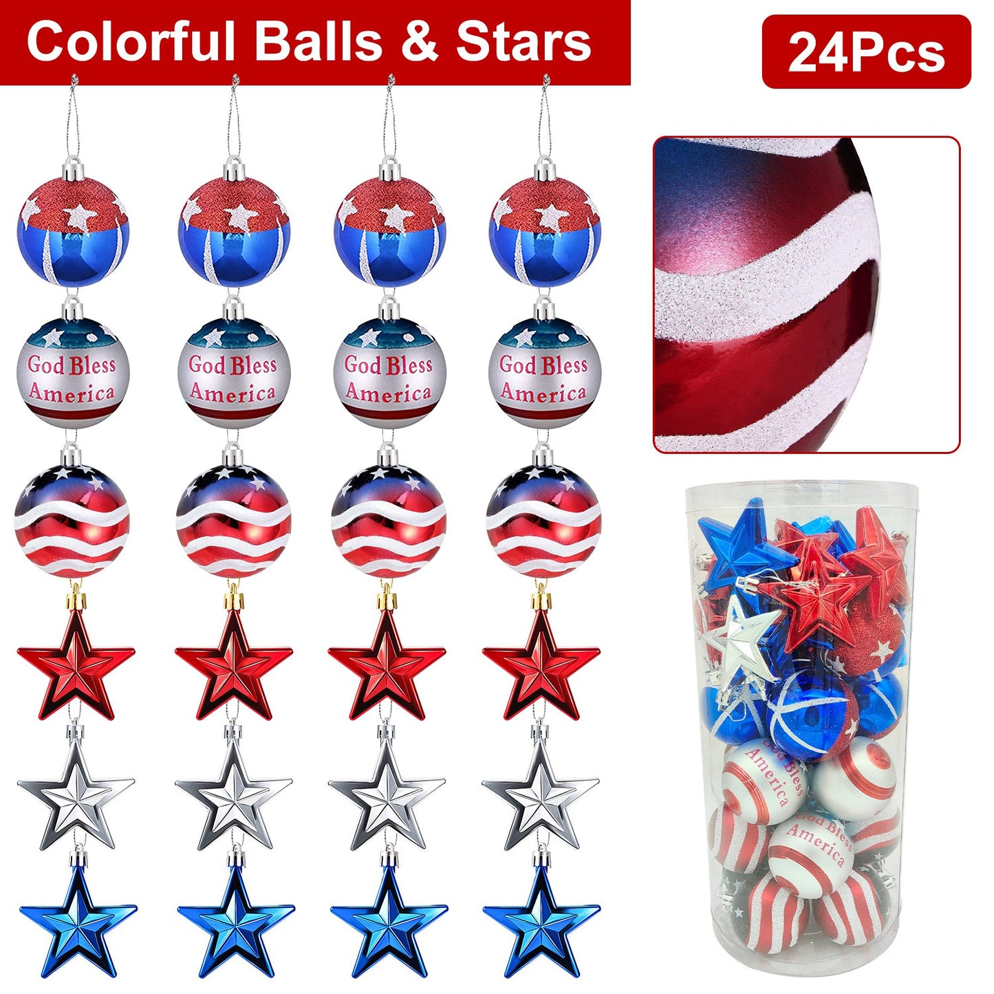 24Pcs Set Hanging Ornaments Ball Star Patriotic Festival Party Decor Independence Day 4th of July Christmas Tree Wall Indoor Outdoor Decoration