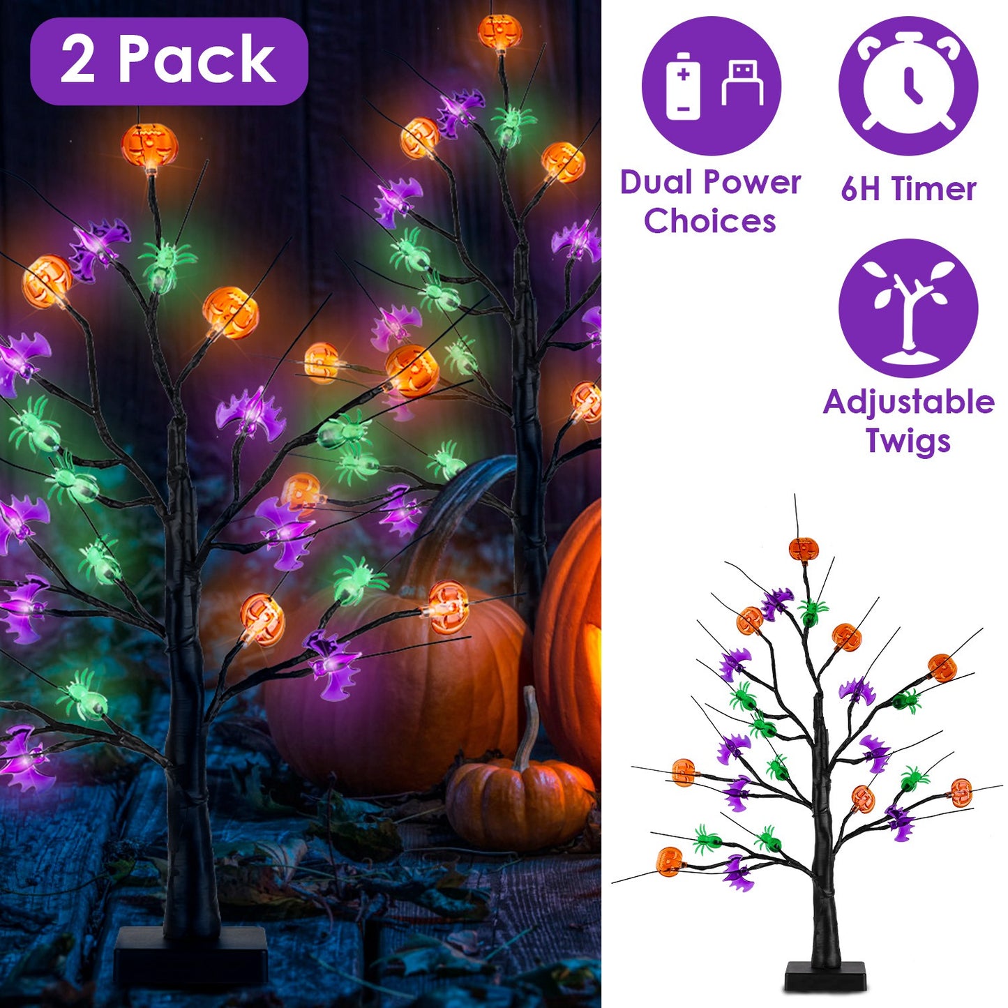 2Pack 1.97FT Lighted Halloween Trees Halloween Indoor Decorations Black Halloween Tree Lights with Timer Adjustable Twigs for Tabletop Party