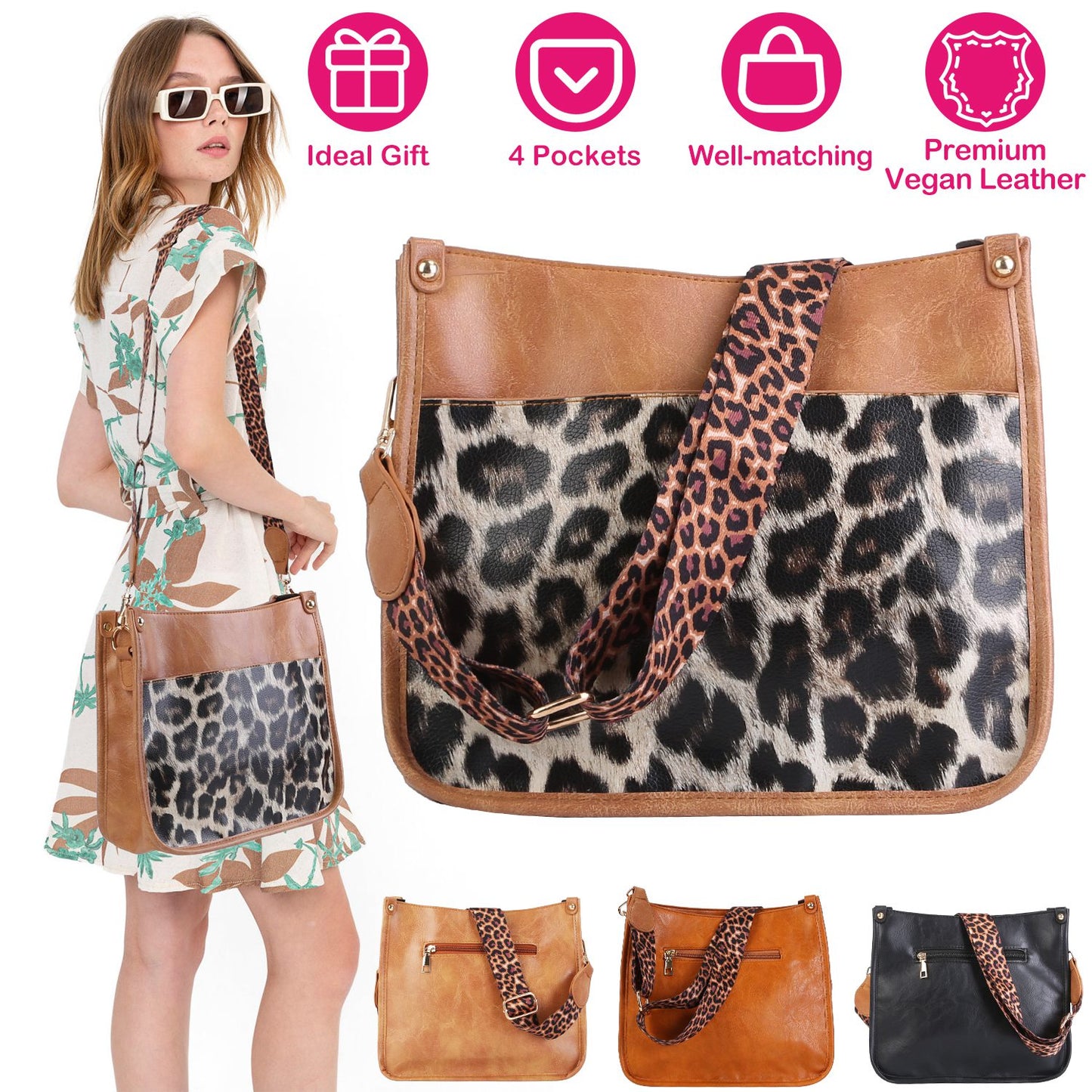 Women Fashion Leather Crossbody Bag Shoulder Bag Casual Handbag with Flexible Wearing Styles Adjustable Guitar Strap