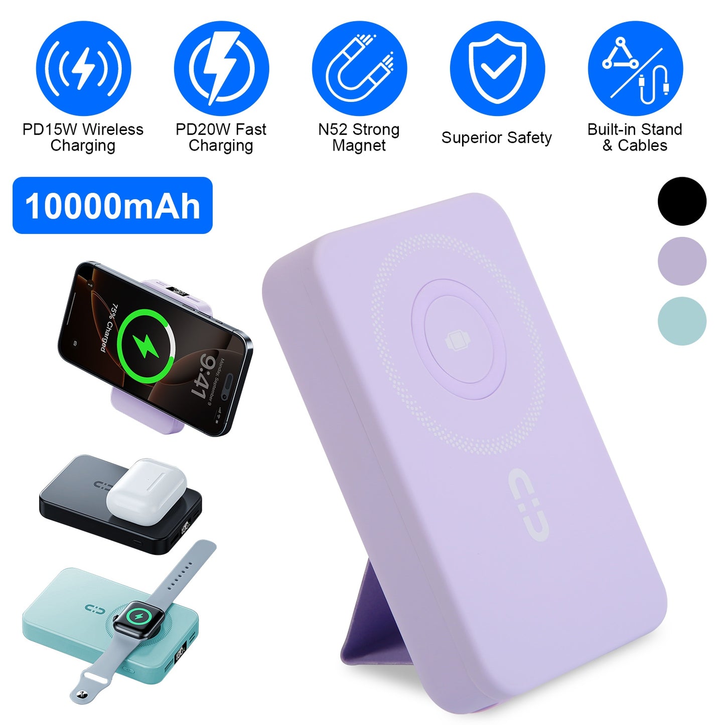 3 In 1 10000mAh MagSafe Fast Charging Power Bank PD20W Portable Charger with 2 Built In Cables Stand Fit for IOS Phone 16 15 13 Series And More