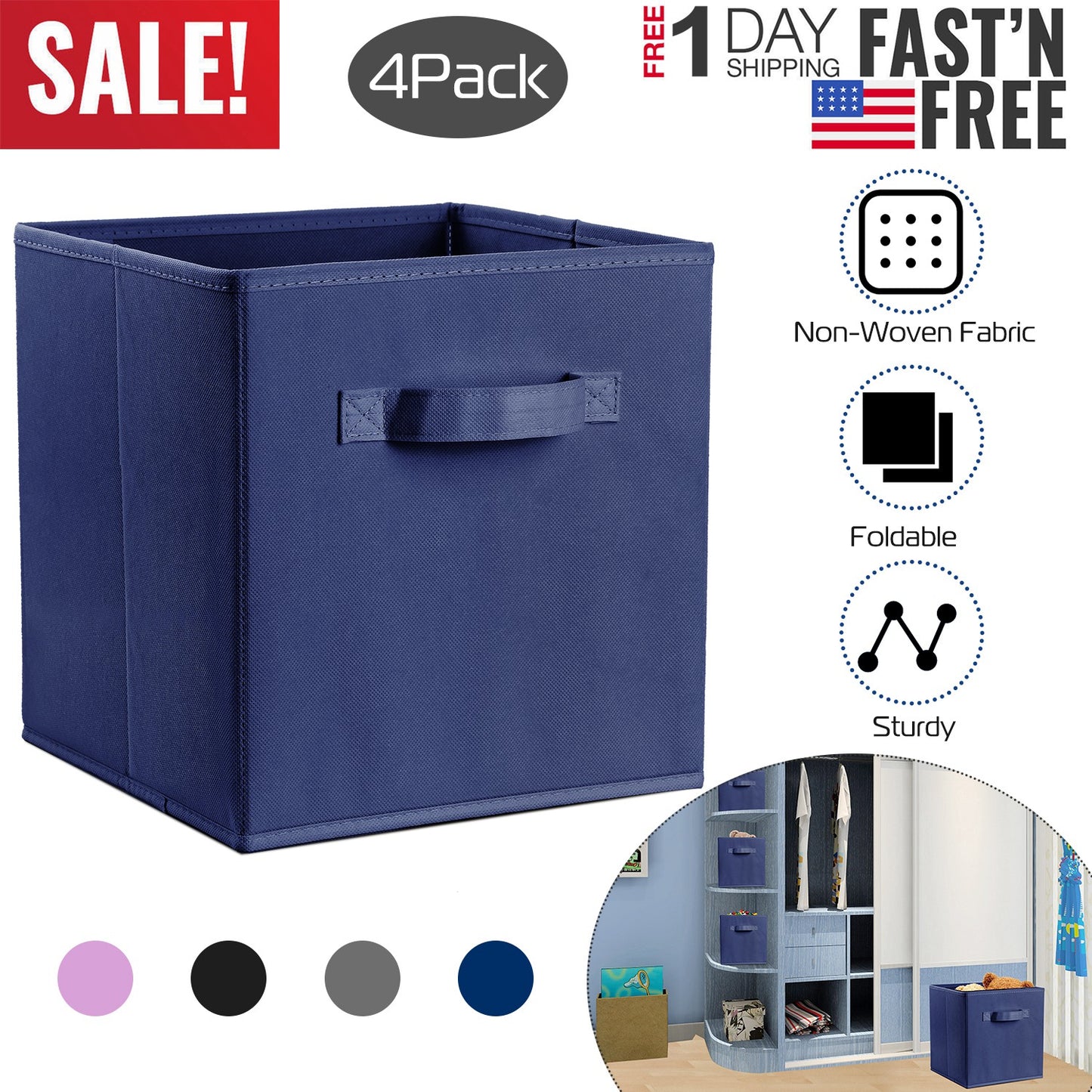 iMounTEK 4 Pack Foldable Storage Cube Bins Cloths Closet Space Organizer Basket Shelves Box for Clothes Toys Books Cabinet
