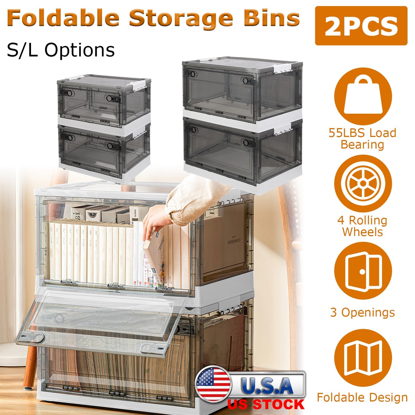 2 Packs Foldable Storage Bins Collapsible Storage Box Organizer Stackable Toy Container with Double Doors Top Lid Rolling Wheels for Clothes Toys Book