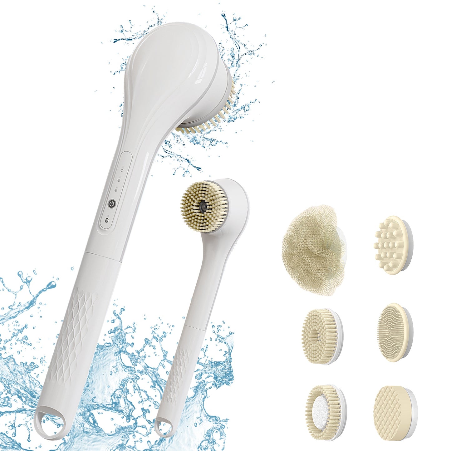 Electric Bath Brush Body Scrubber Rechargeable Massaging Spin Brush with 6 Shower Brush Heads 3 Rotating Modes Extended Handle