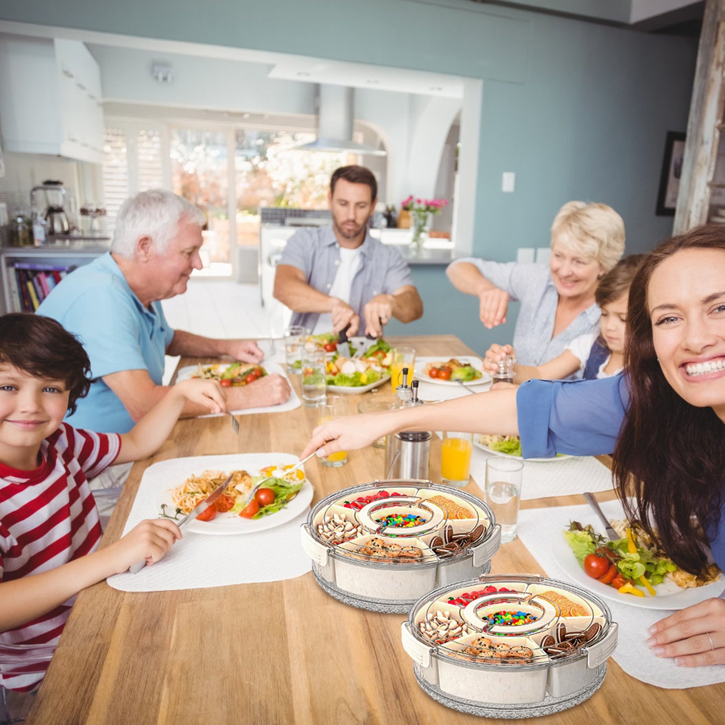 2Pcs Divided Serving Tray with Lid and Handle 360¡ Rotatable Snack Box Container with 6 Dividers Clear Portable Snack Platters for Fruit Candy Nut Sna