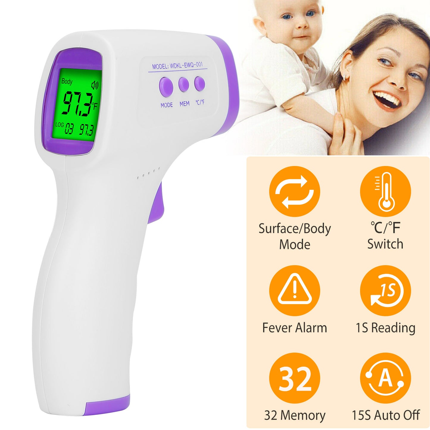 Digital Infrared Thermometer Non-contact Forehead Body Thermometer Surface Room Instant Accurate Reading w/ 32 Memories