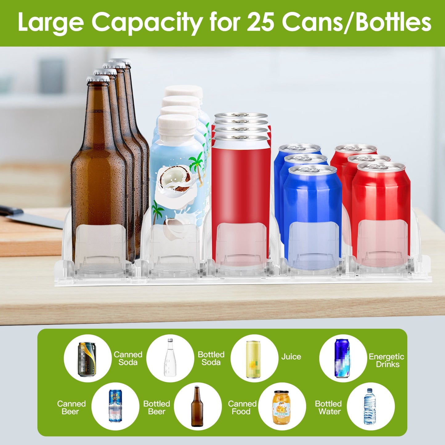 Drink Organizer for Fridge Spring Loaded Beverage Dispenser Width Adjustable Drink Holder with Automatic Pusher Glide 5 Rows Hold up to 25 Cans Bottle