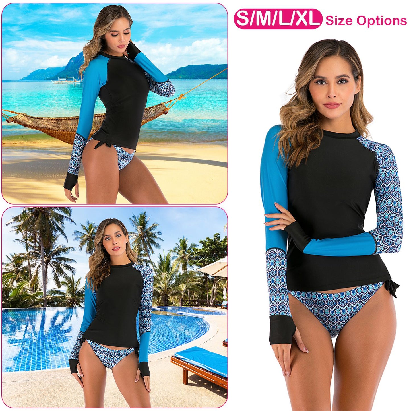 Women 2 Piece Long Sleeve Swimsuit Swim Shirt Bathing Wetsuit Printed Surfing Swimwear Top