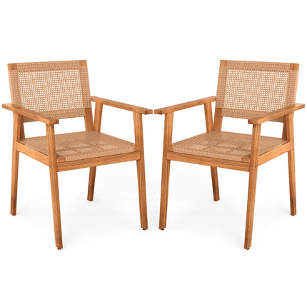 Acacia Wood Outdoor Dining Chairs Set of 2 PE Rattan Patio Chairs with Backrests and Armrests