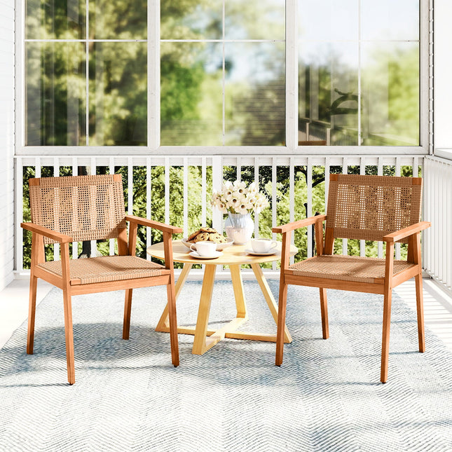 Acacia Wood Outdoor Dining Chairs Set of 2 PE Rattan Patio Chairs with Backrests and Armrests