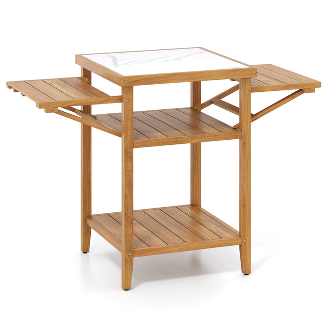 Acacia Wood Outdoor Grill Table with Faux Marble Top and Drop