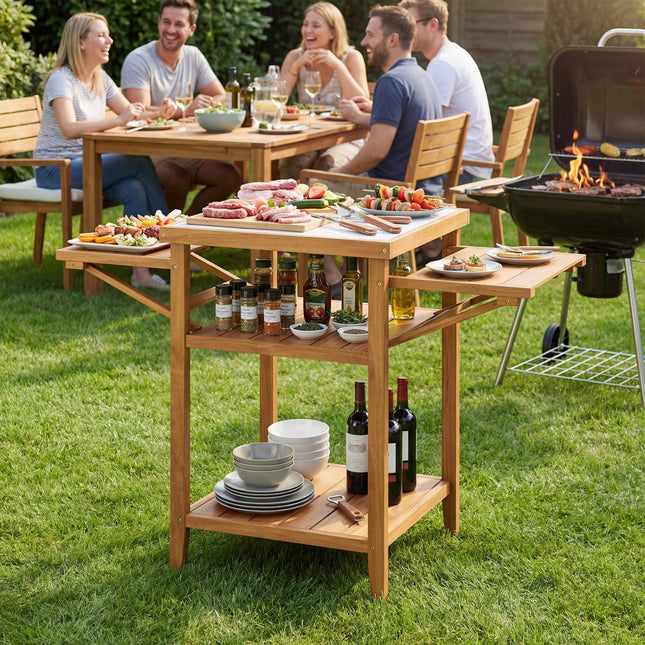 Acacia Wood Outdoor Grill Table with Faux Marble Top and Drop