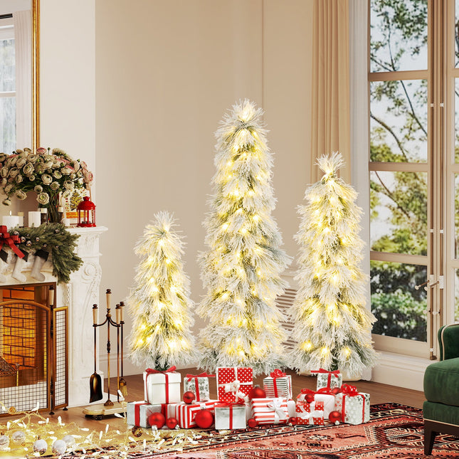 Artificial Christmas Tree Set of 3 with Snow-flocked Branch Tips and LED Lights