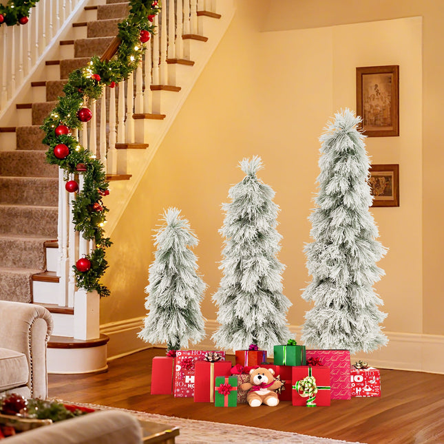 Artificial Christmas Tree Set of 3 with Snow-flocked Branch Tips and LED Lights