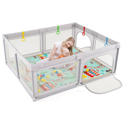 Baby Playpen with Mat and Breathable Mesh-Gray