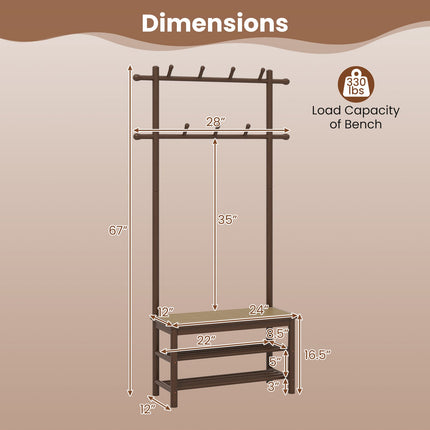 Bamboo Coat Rack PE Rattan Hall Tree with Bench and Shoe Storage 3-In-1 Entryway Bench