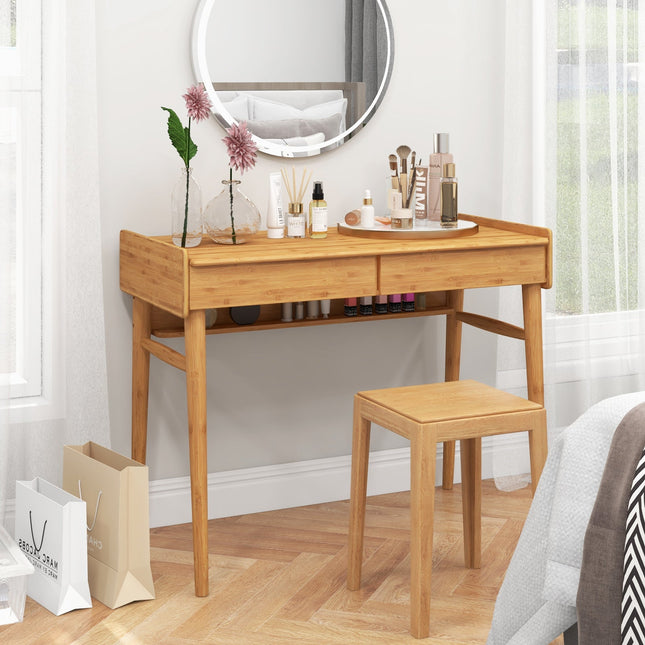 Bamboo Writing Desk with 2 Storage Drawers and Open Shelf