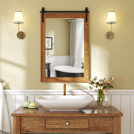 Rustic Wood Frame Barn Door Style Farmhouse Wall Mirror