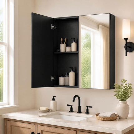 Wall Cabinet with 2 Mirrored Doors - Black