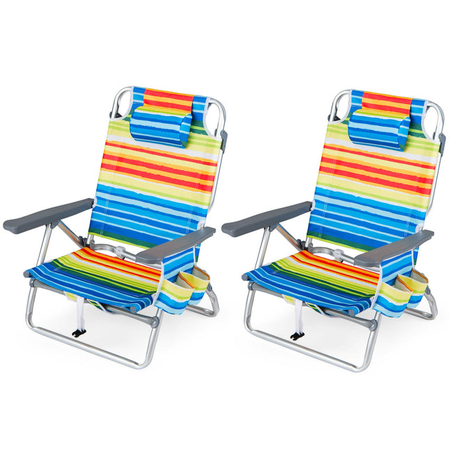 Beach Chairs Set of 2 Portable Folding Backpack Recliners with 5-Position Backrest and Padded Headrest