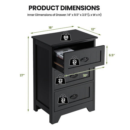 Farmhouse Nightstand with 3 Storage Drawers and Handles