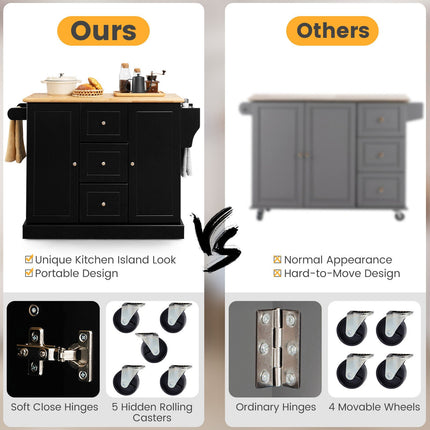 2-Door Large Mobile Kitchen Island Cart with Hidden Wheelsand 3 Drawers
