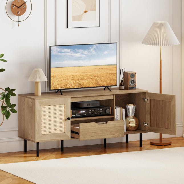 Boho TV Stand for 60 Inch TV Entertainment Center with Cabinets and Storage Shelf-Natural