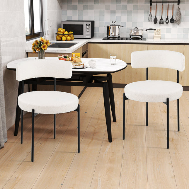 Boucle Dining Chair with Curved Backrest and Metal Legs Set of 2-White