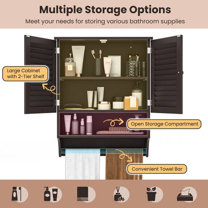 2-Doors Bathroom Wall-Mounted Medicine Cabinet with Towel Bar