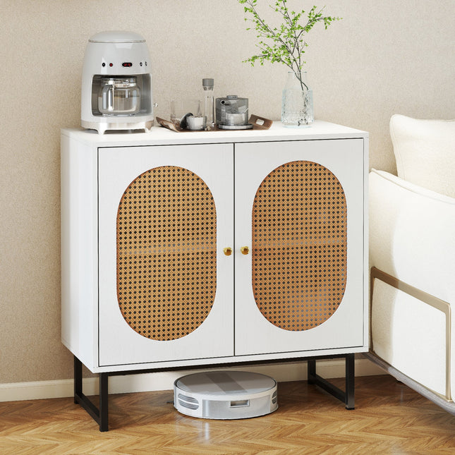 Buffet Cabinet Rattan Storage Cabinet with 2 Doors and Adjustable Shelf