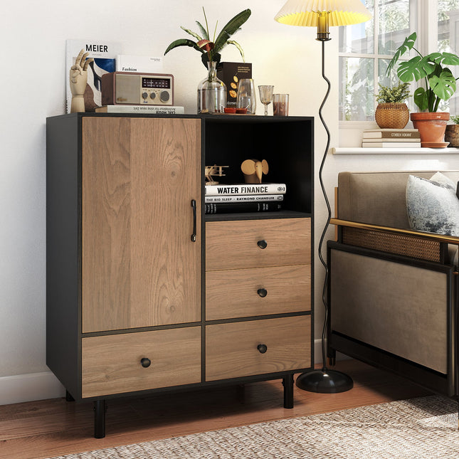 Buffet Sideboard Mid Century Modern Storage Cabinet with 4 Drawers and Open Compartment