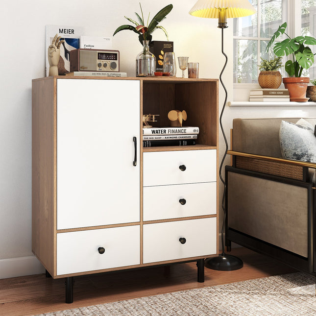 Buffet Sideboard Mid Century Modern Storage Cabinet with 4 Drawers and Open Compartment