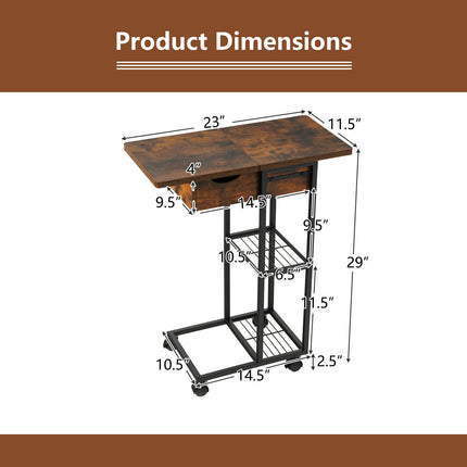 C-Shaped End Side Table with Charging Station and Wheels-Rustic Brown