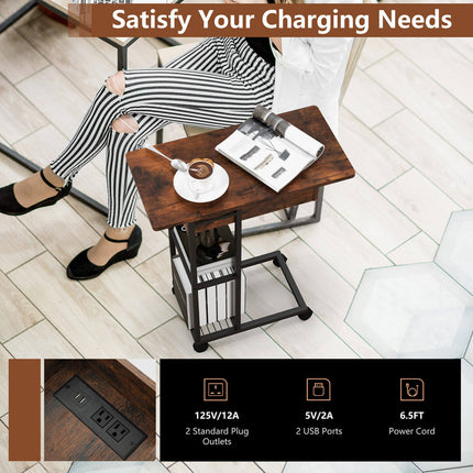 C-Shaped End Side Table with Charging Station and Wheels-Rustic Brown
